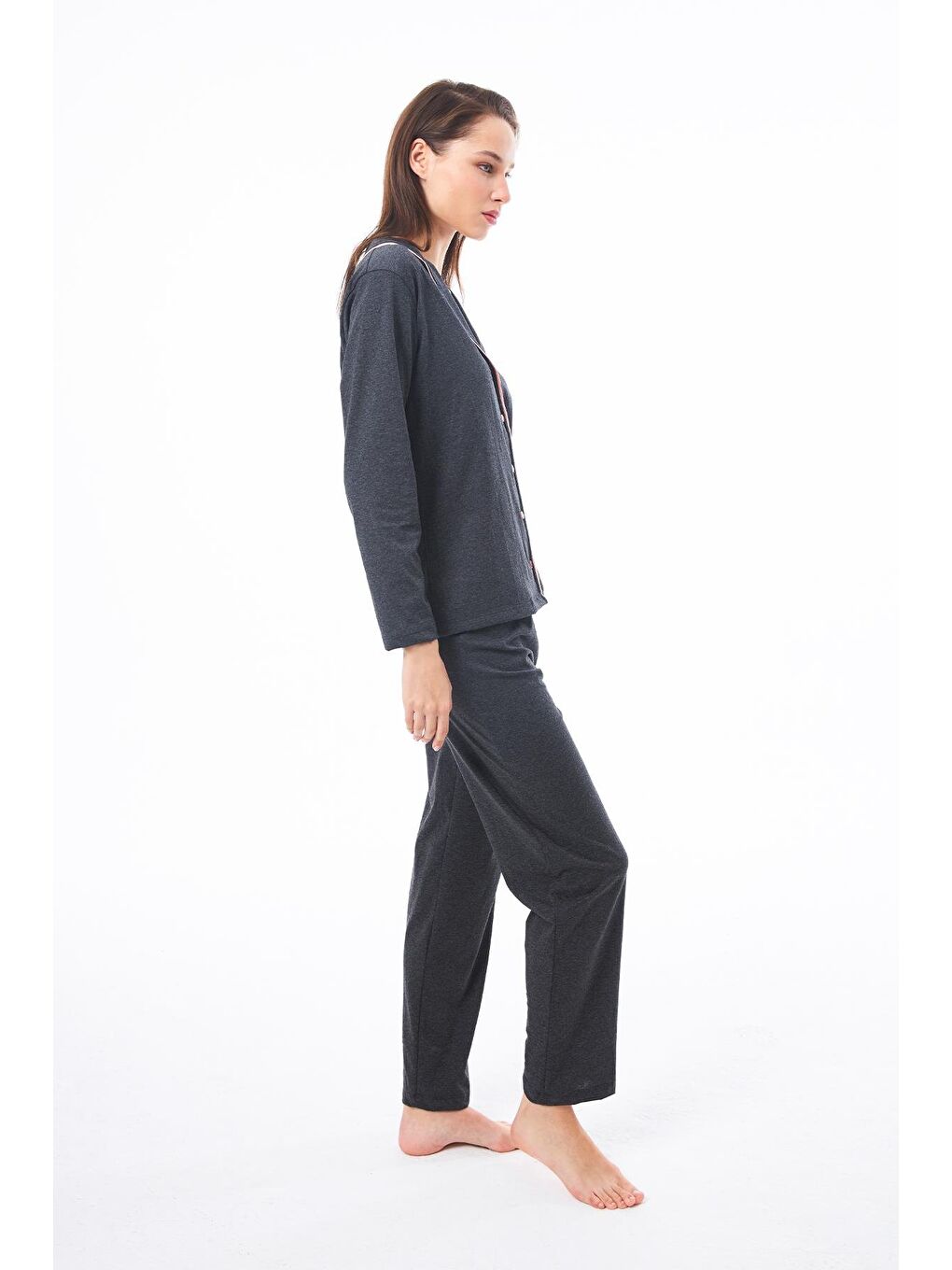 Antrasit Önden Düğmeli Pamuklu Kadın Pijama Takımı-6