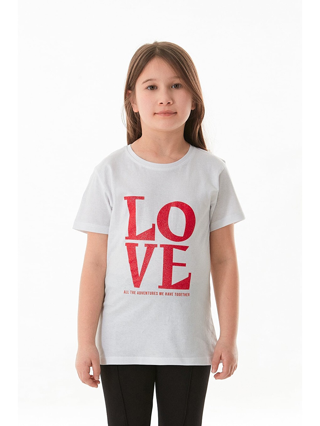 Beyaz %100 Pamuk Simli Love Yazı Baskılı Kız Çocuk Tişört