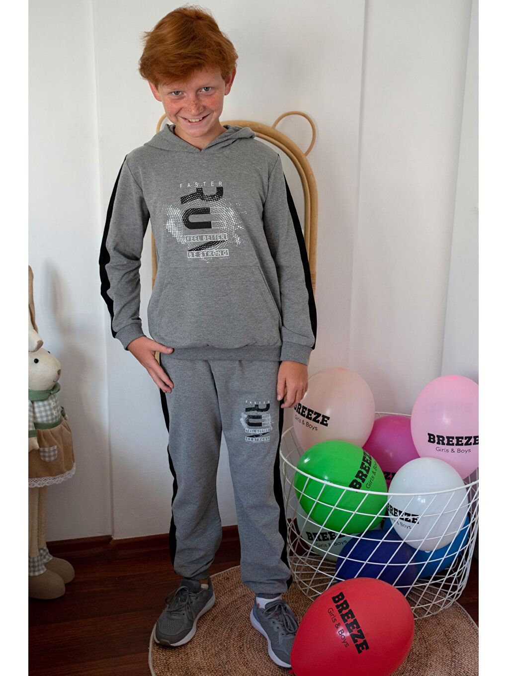Erkek Çocuk Eşofman Takım Kapüşonlu Başarı Temalı Yazı Baskılı Koyu Gri Melanj (6-9 Yaş)