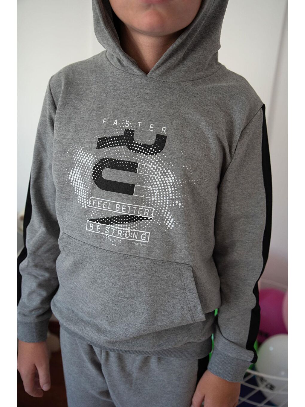 Erkek Çocuk Eşofman Takım Kapüşonlu Başarı Temalı Yazı Baskılı Koyu Gri Melanj (6-9 Yaş)-2