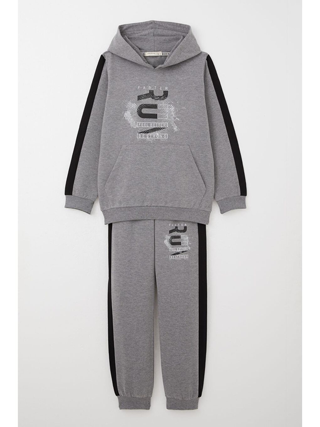 Erkek Çocuk Eşofman Takım Kapüşonlu Başarı Temalı Yazı Baskılı Koyu Gri Melanj (6-9 Yaş)-3