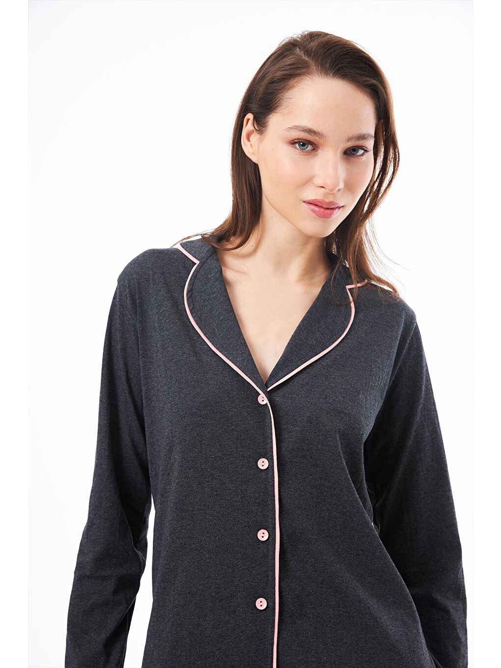 Antrasit Önden Düğmeli Pamuklu Kadın Pijama Takımı-8