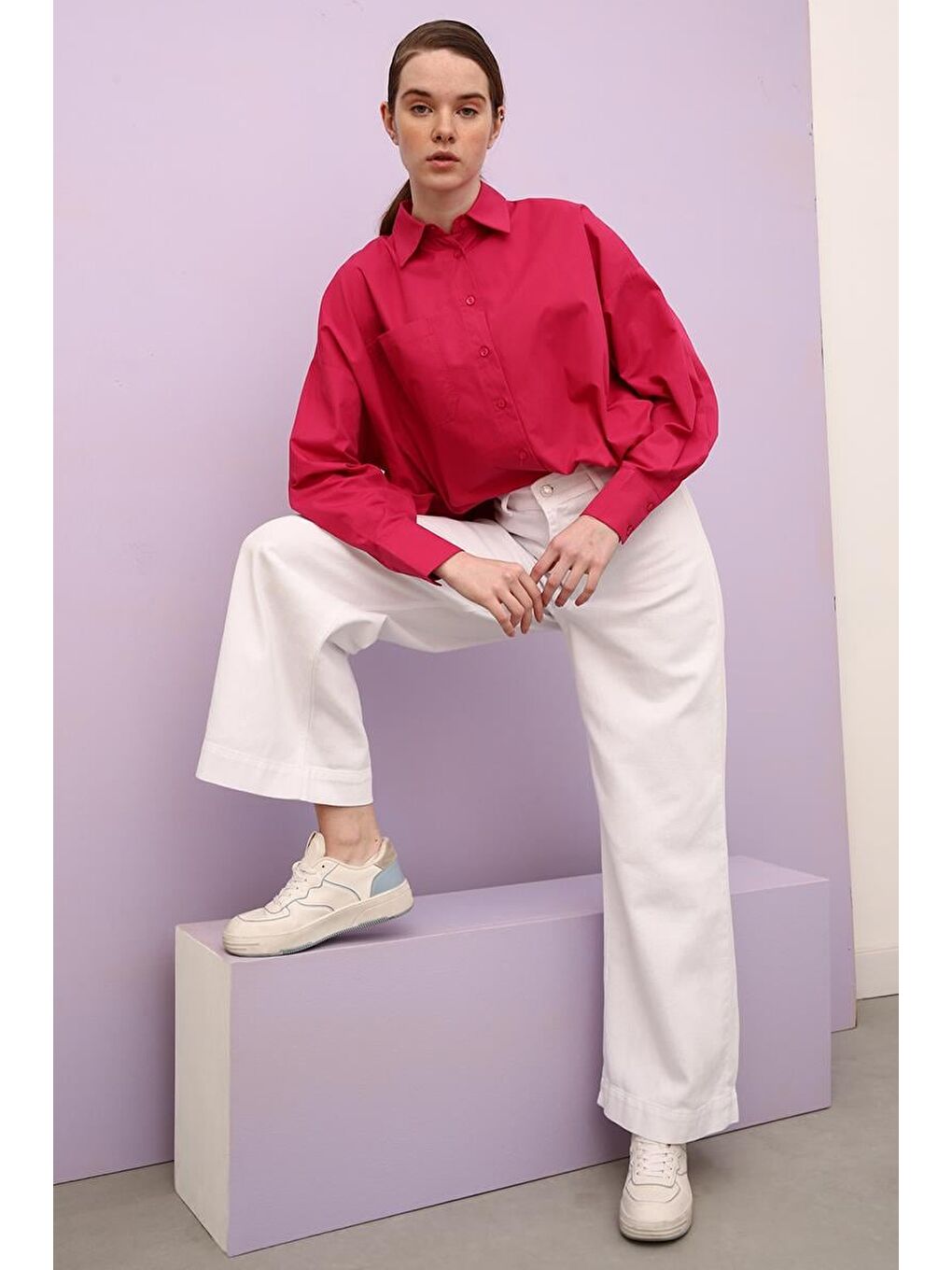 Beyaz-%100 Pamuk Yüksek Bel Bol Paça Pantolon