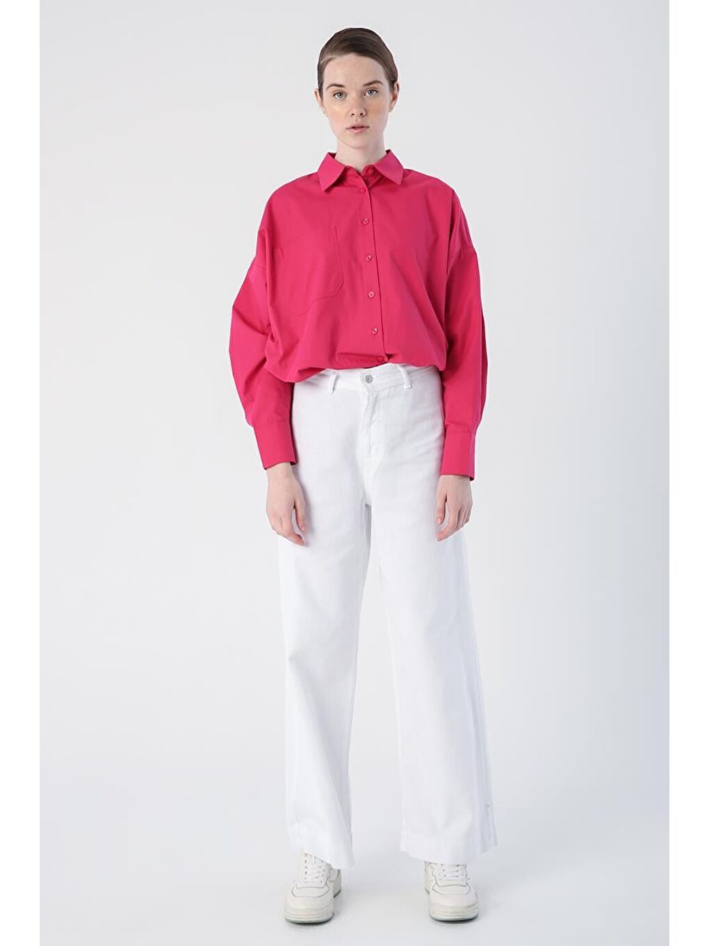 Beyaz-%100 Pamuk Yüksek Bel Bol Paça Pantolon-1