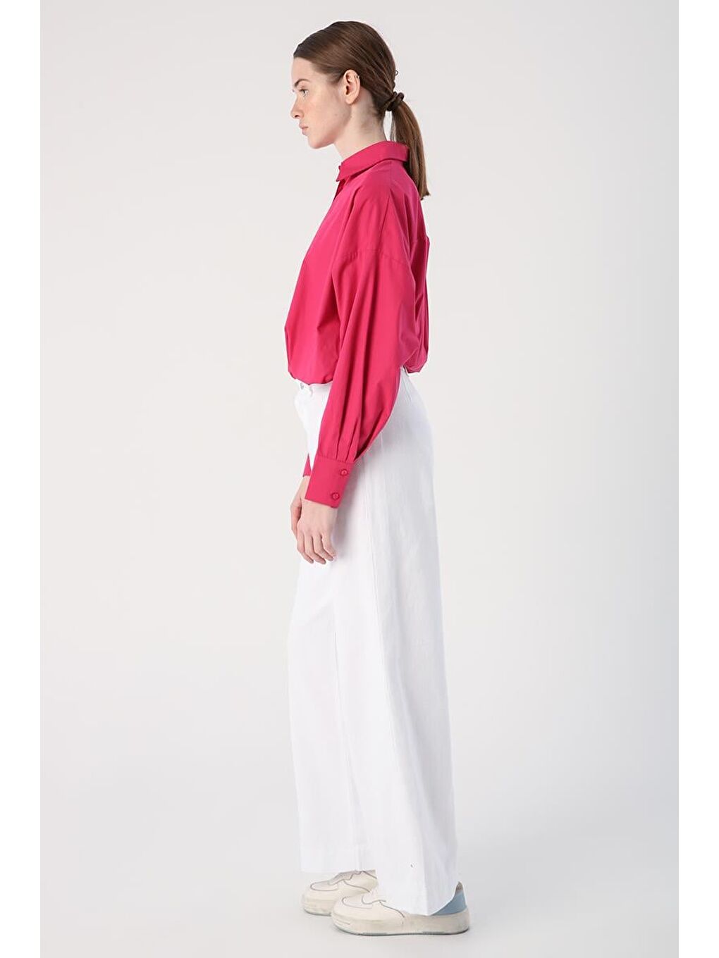 Beyaz-%100 Pamuk Yüksek Bel Bol Paça Pantolon-2