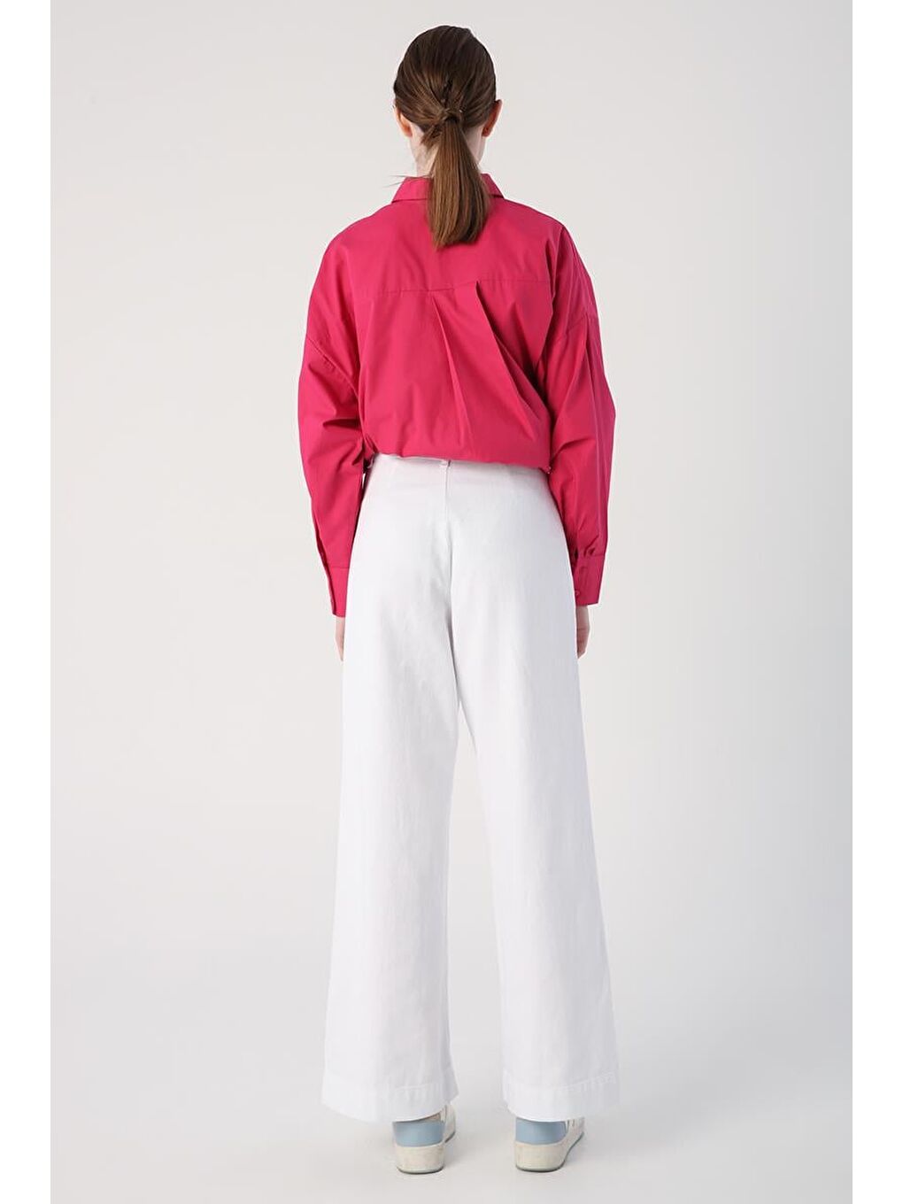 Beyaz-%100 Pamuk Yüksek Bel Bol Paça Pantolon-3