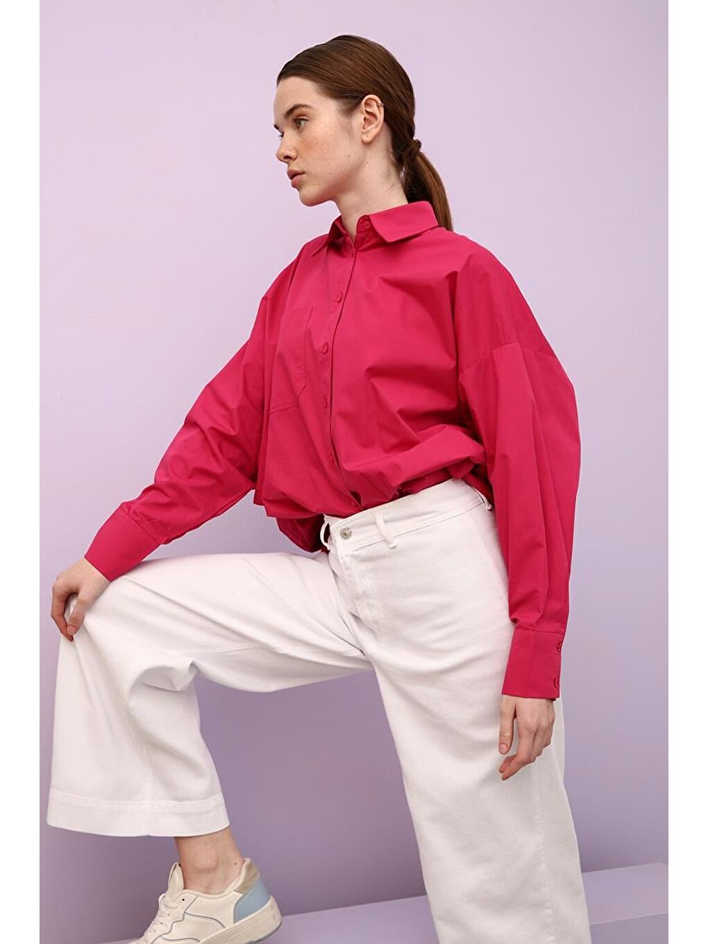 Beyaz-%100 Pamuk Yüksek Bel Bol Paça Pantolon-4