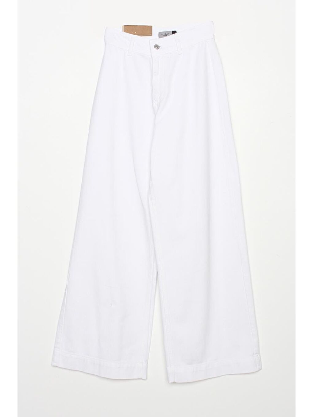 Beyaz-%100 Pamuk Yüksek Bel Bol Paça Pantolon-7