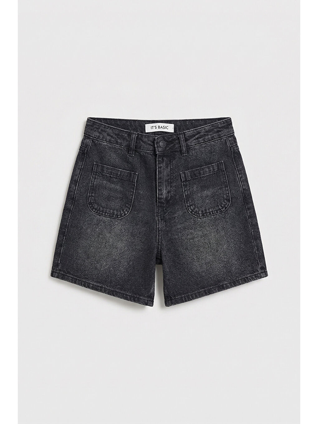 Gri Kadın Koyu Füme 2s6-1 Mom Fit Önden Cepli Denim Şort-4