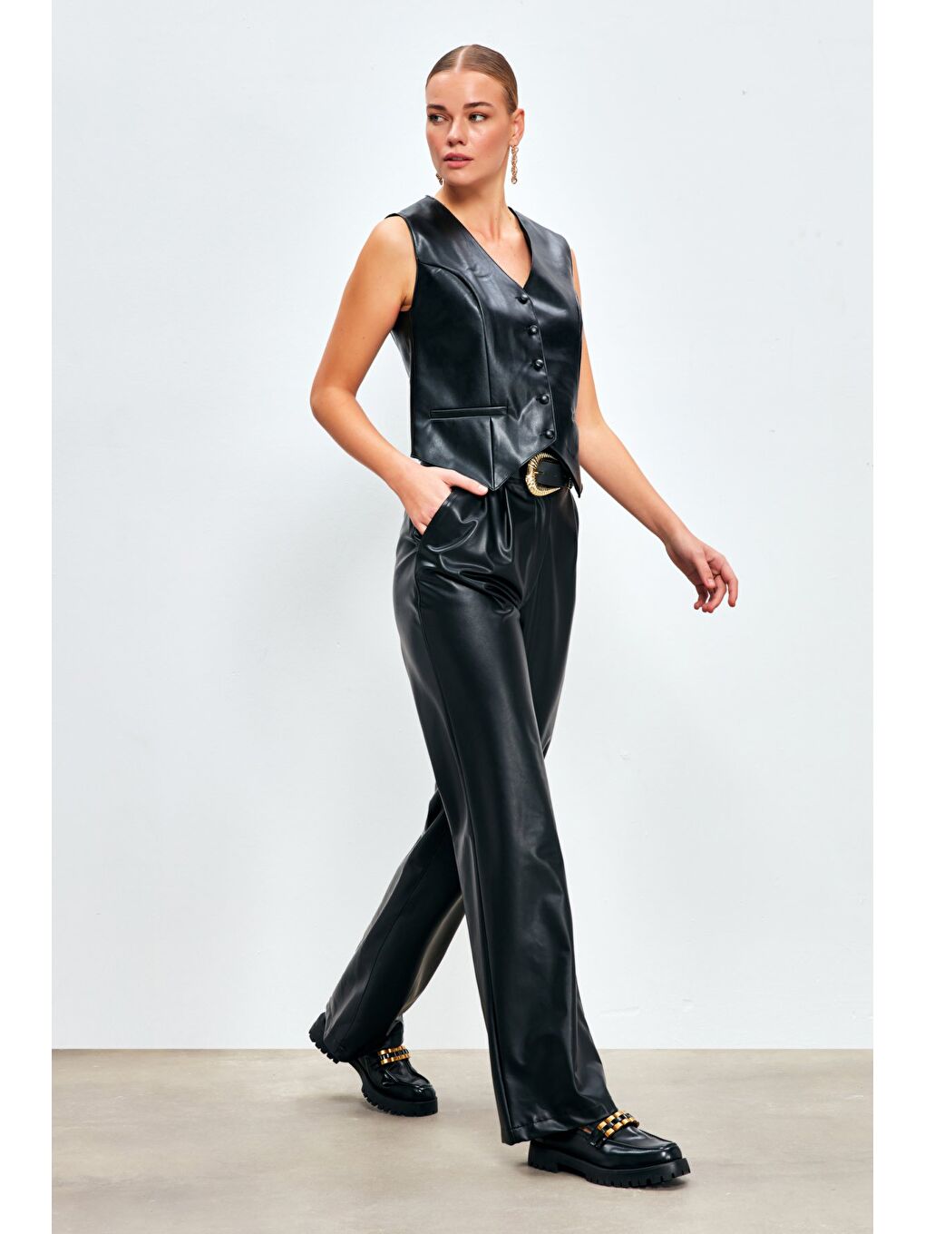 Bol Paça Deri Pantolon - Siyah-2