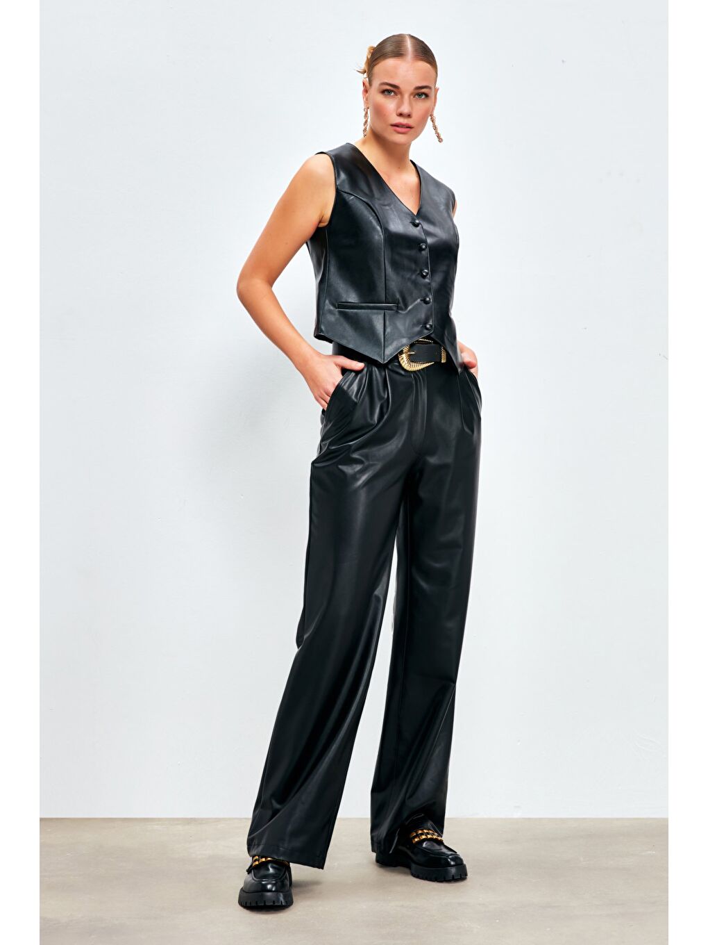 Bol Paça Deri Pantolon - Siyah-3