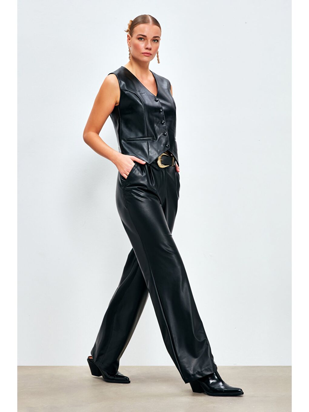 Bol Paça Deri Pantolon - Siyah-4