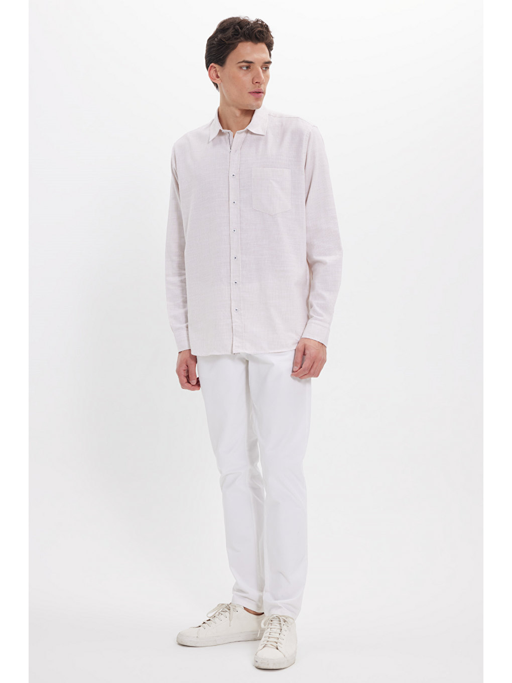 Erkek Regular Fit Klasik Kesim Oversize %100 Pamuk Keten Doku Bej Gömlek-1