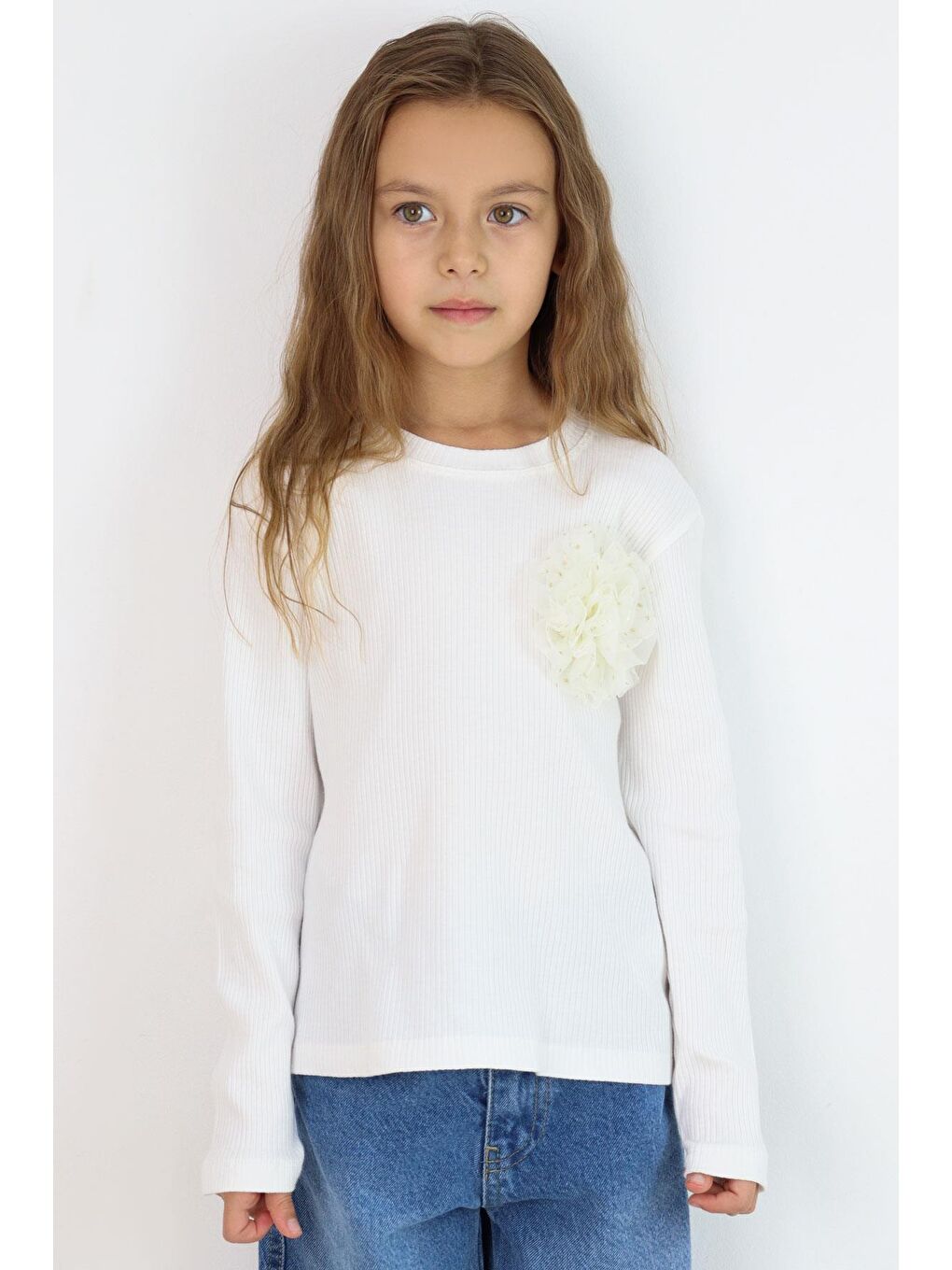 Kız Çocuk Uzun Kollu Bluz Çiçek Aksesuarlı Ekru (9-14 Yaş)-1