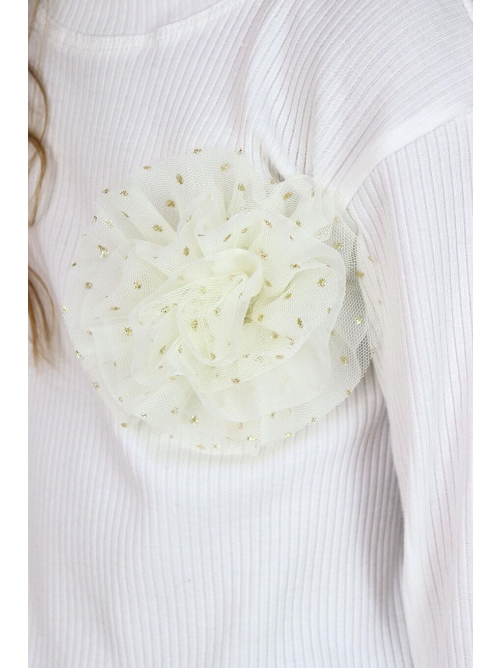 Kız Çocuk Uzun Kollu Bluz Çiçek Aksesuarlı Ekru (9-14 Yaş)-2