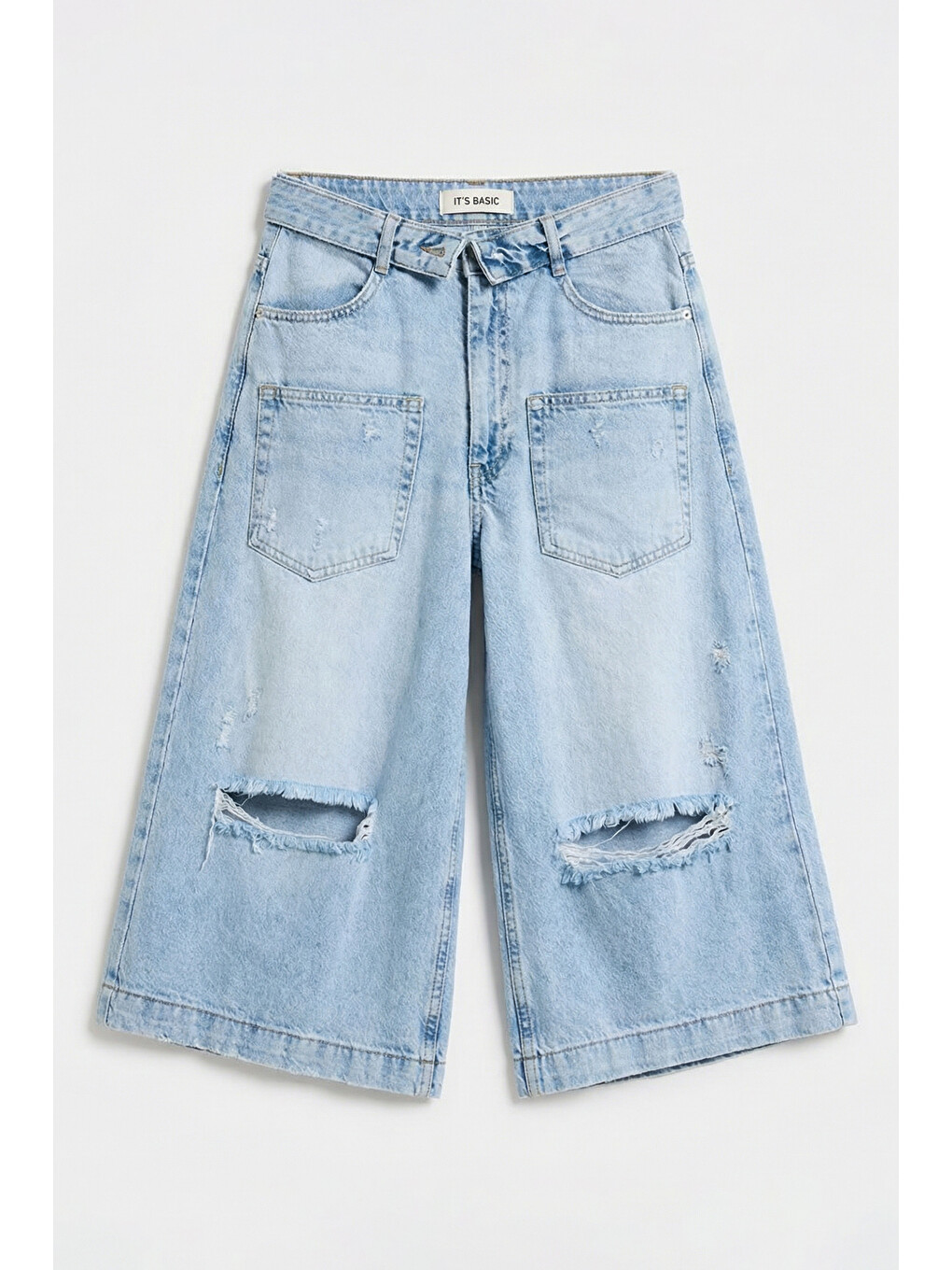 Kadın Mavi 12s6-3 Süper Baggy Fit Kemer Detaylı Maxi Boy Denim Şort-1