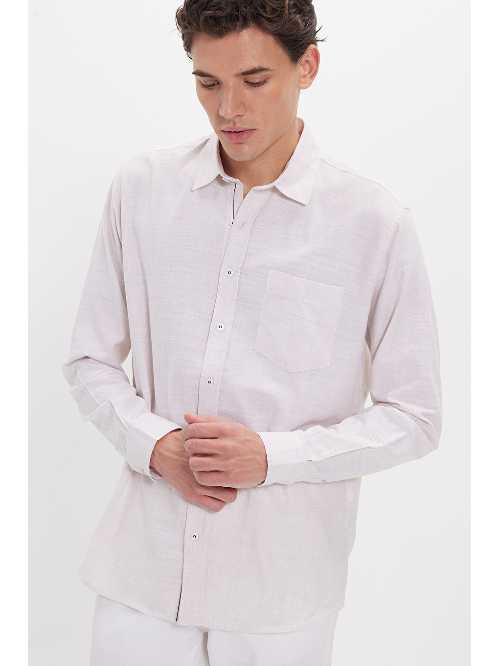 Erkek Regular Fit Klasik Kesim Oversize %100 Pamuk Keten Doku Bej Gömlek-6