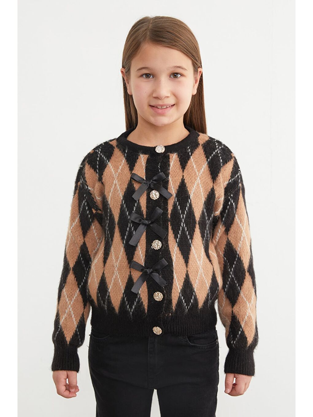 Siyah Baklava Desenli Fiyonklu Düğmeli Kız Çocuk Hırka