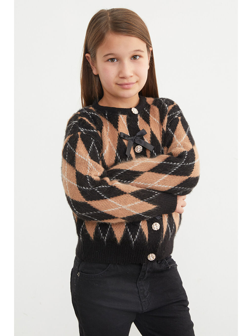 Siyah Baklava Desenli Fiyonklu Düğmeli Kız Çocuk Hırka-2