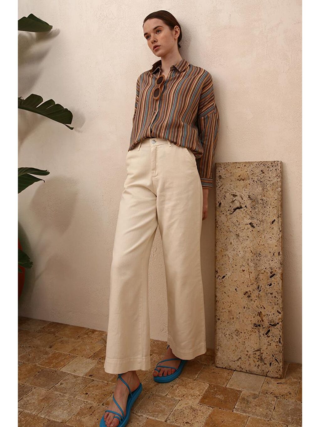 Ekru-%100 Pamuk Bol Paça Cepli Pantolon