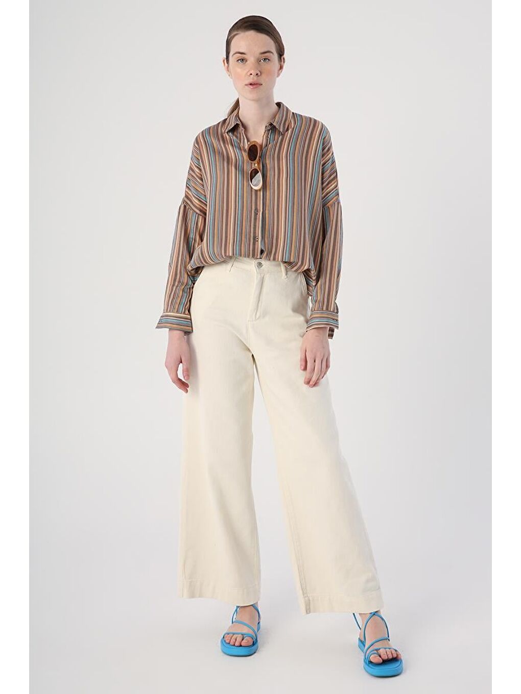 Ekru-%100 Pamuk Bol Paça Cepli Pantolon-1