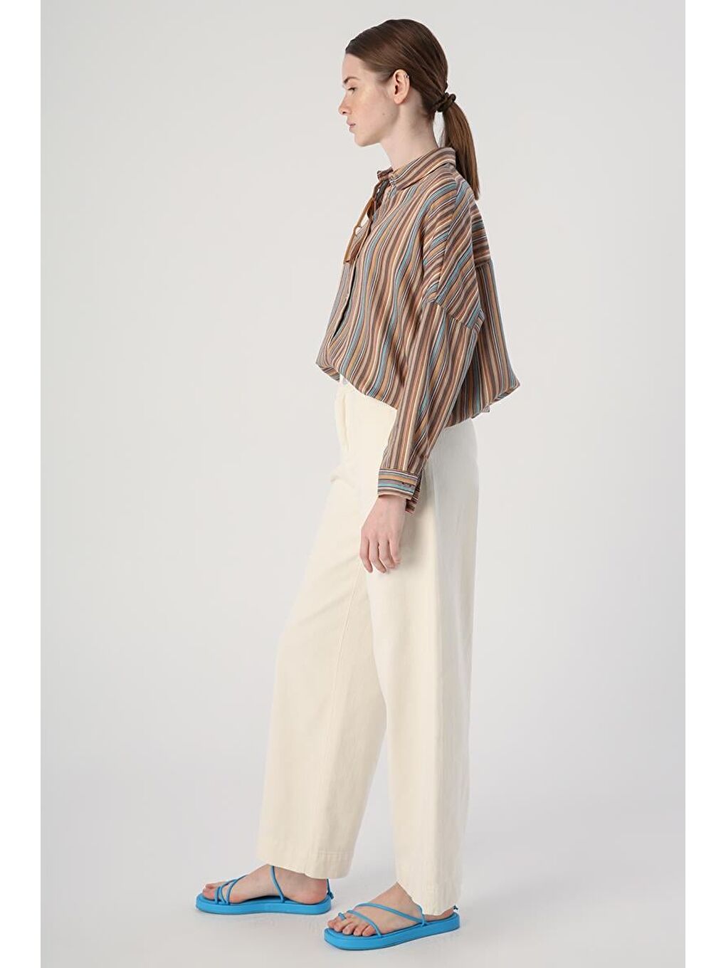 Ekru-%100 Pamuk Bol Paça Cepli Pantolon-2