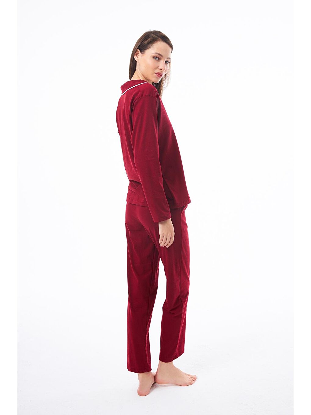Bordo Önden Düğmeli Pamuklu Kadın Pijama Takımı-4