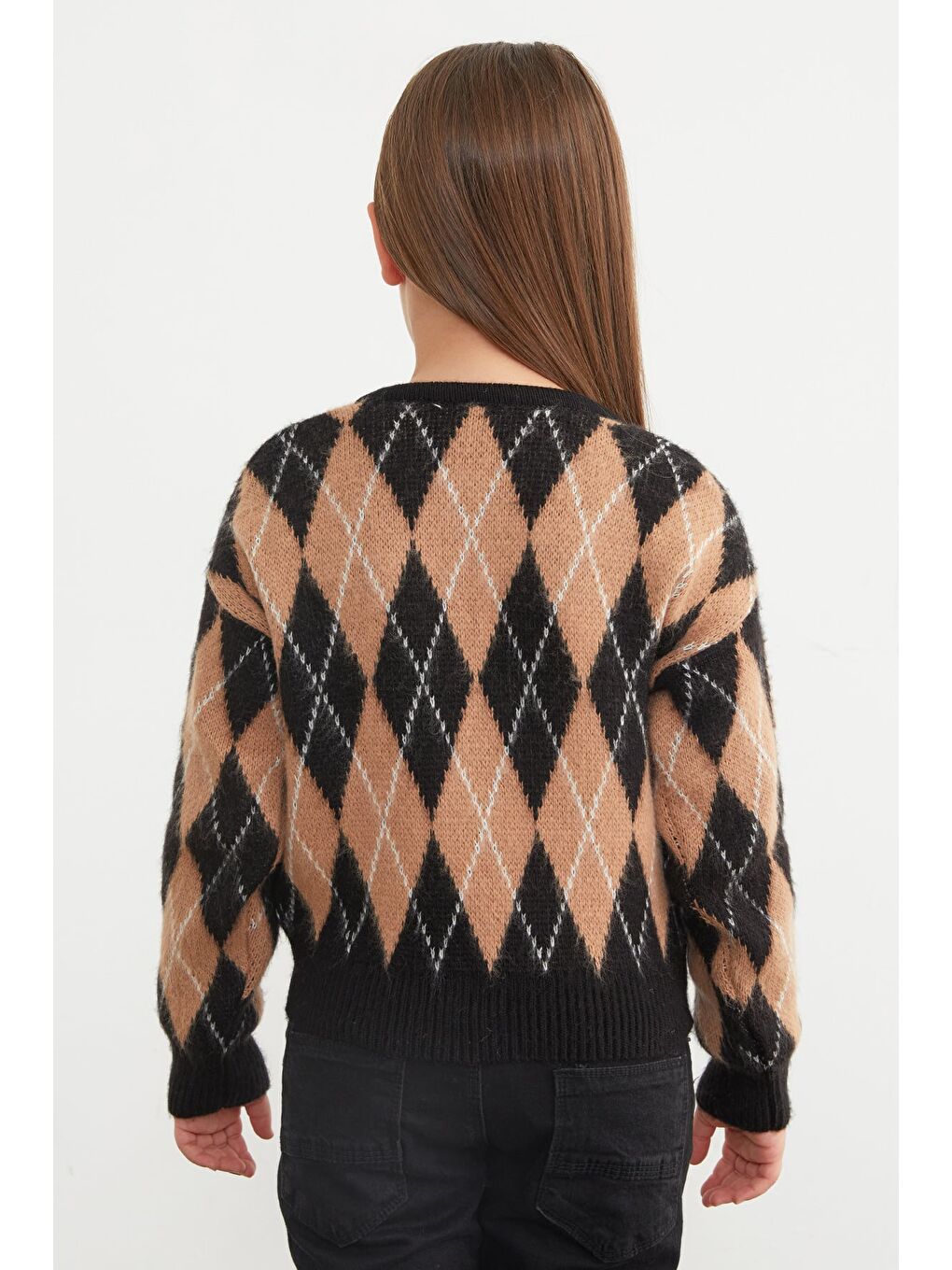 Siyah Baklava Desenli Fiyonklu Düğmeli Kız Çocuk Hırka-4