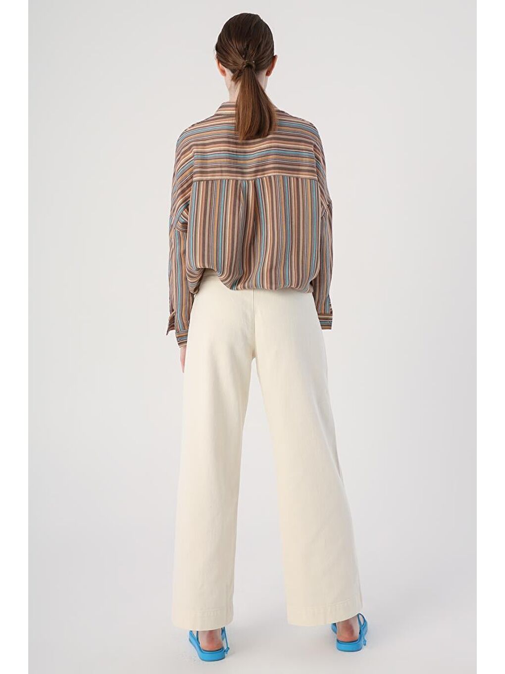 Ekru-%100 Pamuk Bol Paça Cepli Pantolon-3