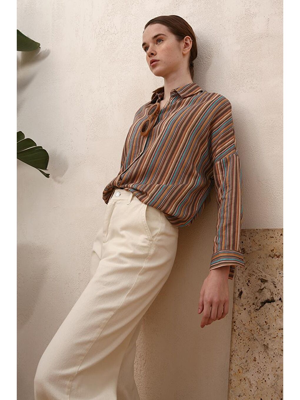 Ekru-%100 Pamuk Bol Paça Cepli Pantolon-4