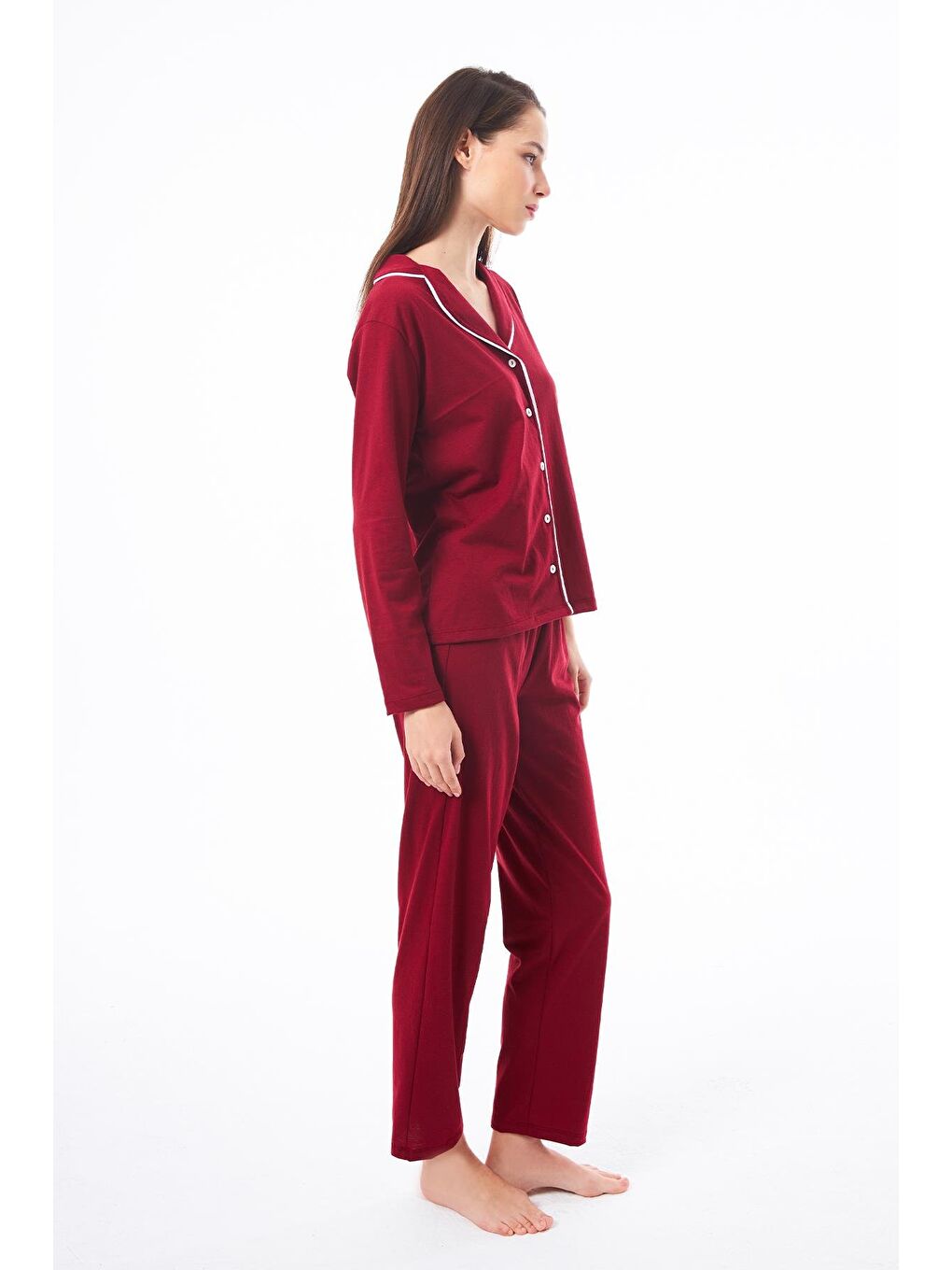 Bordo Önden Düğmeli Pamuklu Kadın Pijama Takımı-5