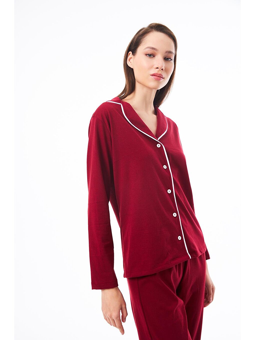 Bordo Önden Düğmeli Pamuklu Kadın Pijama Takımı-6