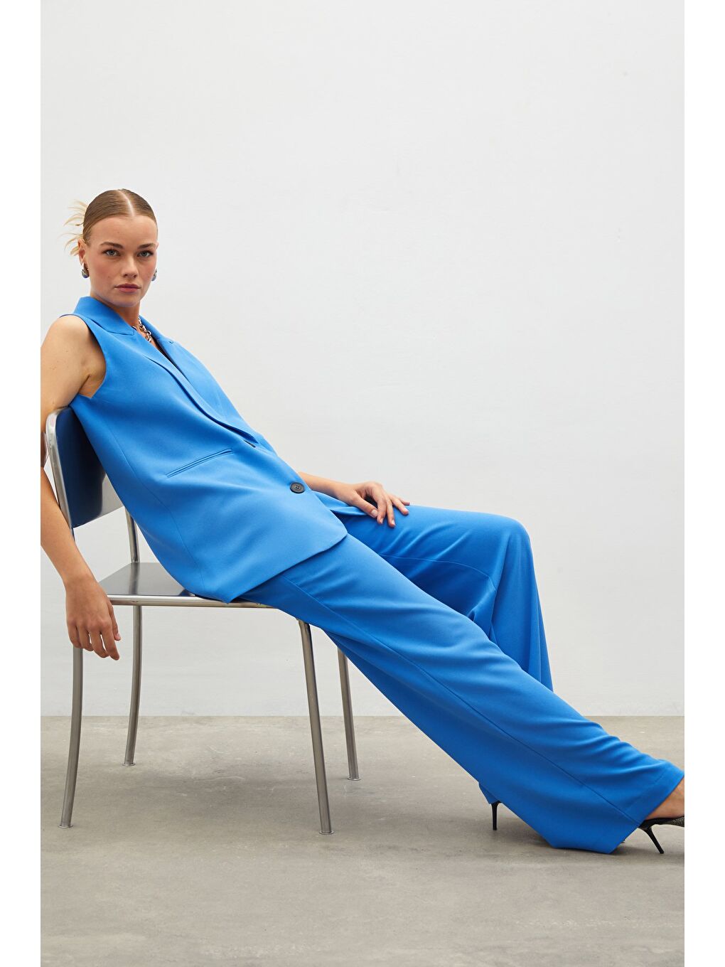 Pileli Krep Pantolon - Mavi-1