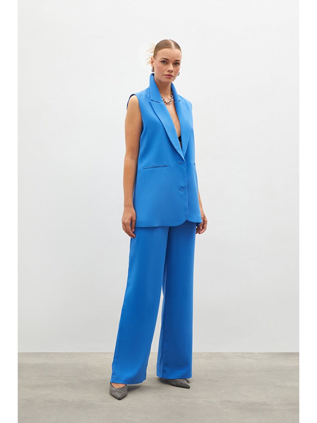 Pileli Krep Pantolon - Mavi-2