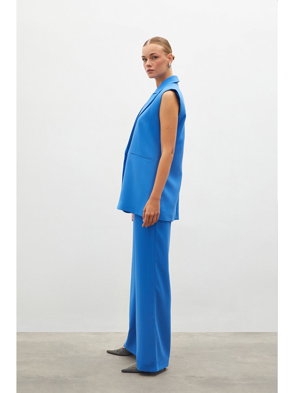 Pileli Krep Pantolon - Mavi-3