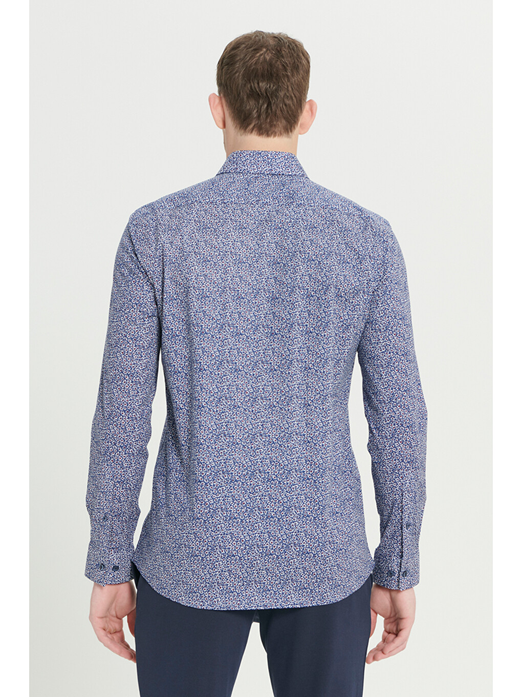 Erkek Mavi-beyaz Pamuklu Slim Fit Dar Kesim Klasik Yaka Baskılı Gömlek-4