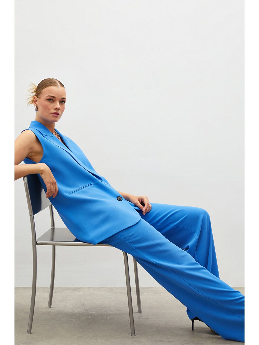 Pileli Krep Pantolon - Mavi-4