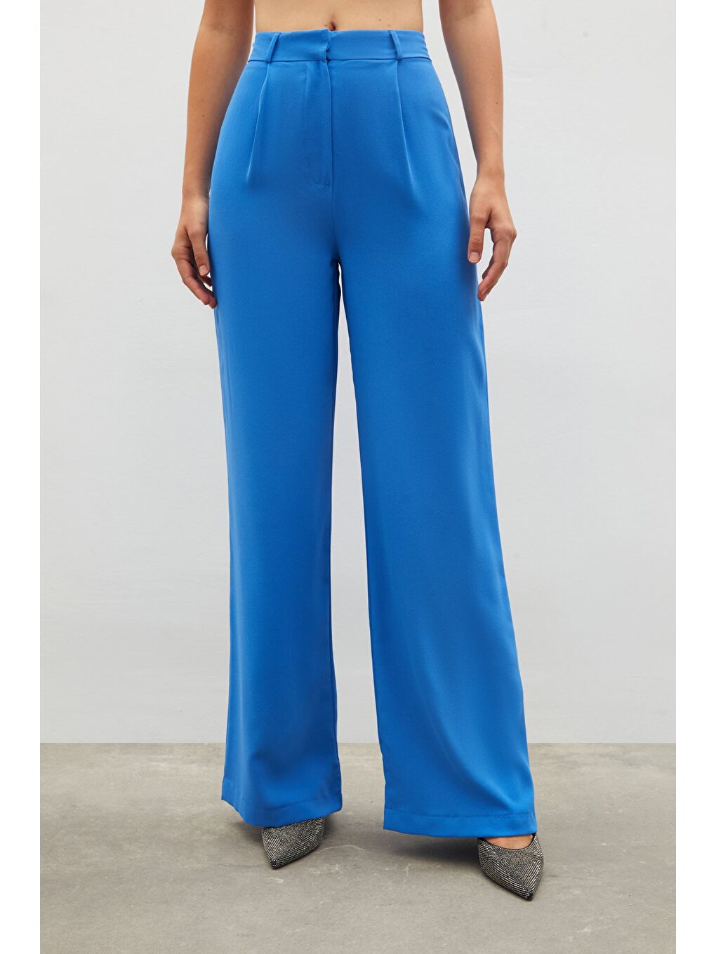 Pileli Krep Pantolon - Mavi-5