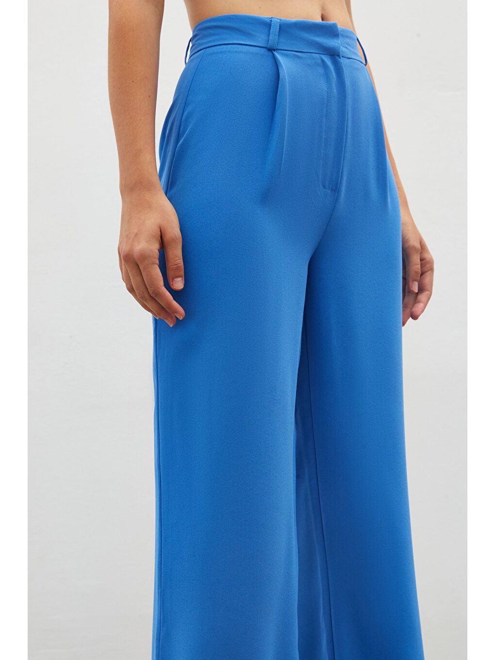 Pileli Krep Pantolon - Mavi-6