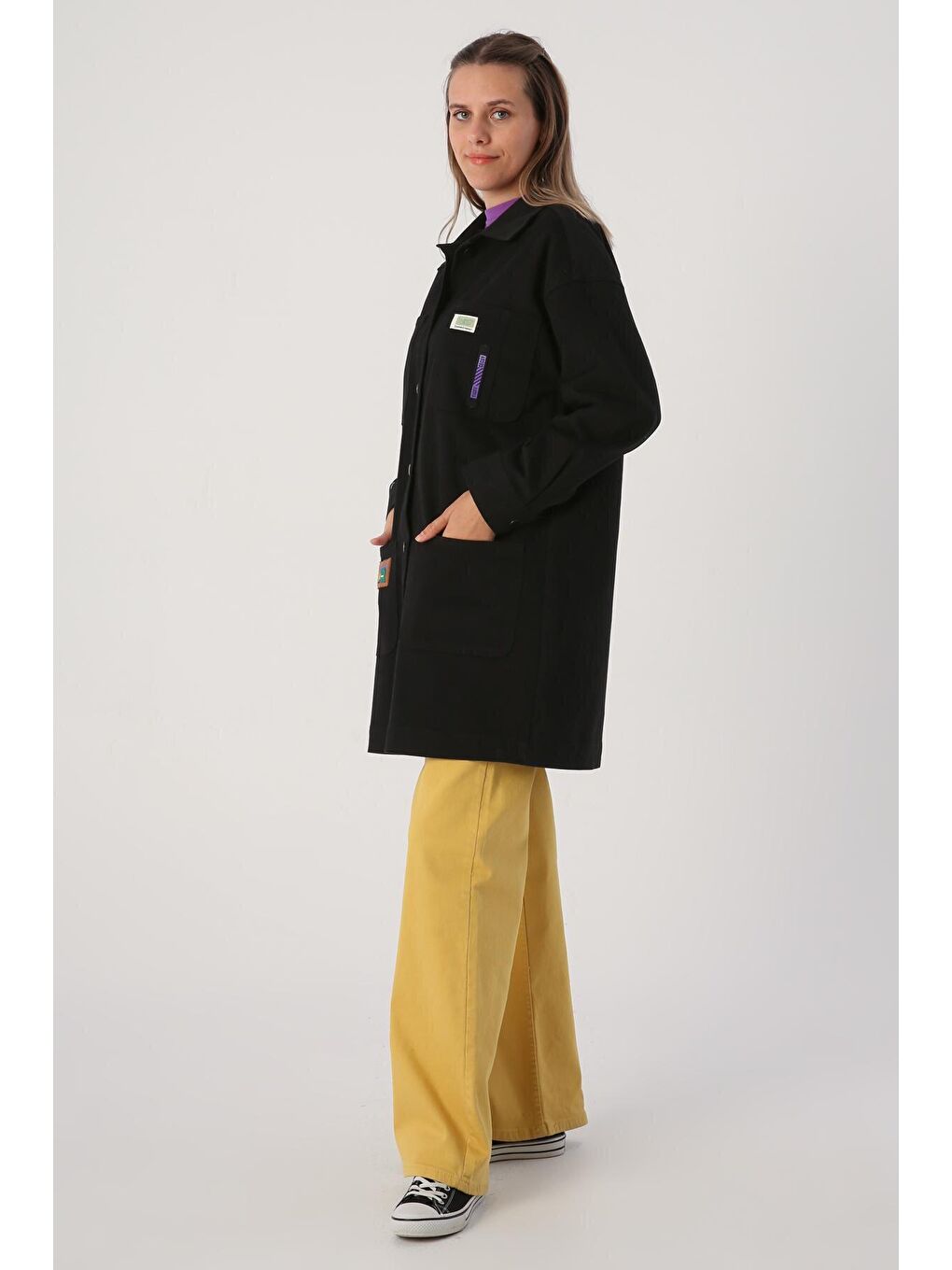 Siyah Pamuklu Renkli Düğmeli Süs Etiketli Cepli Ceket-2