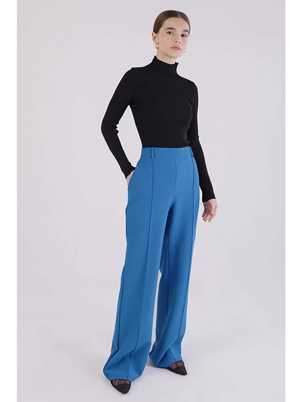 Mavi Saks-Nervürlü Palazzo Pantolon