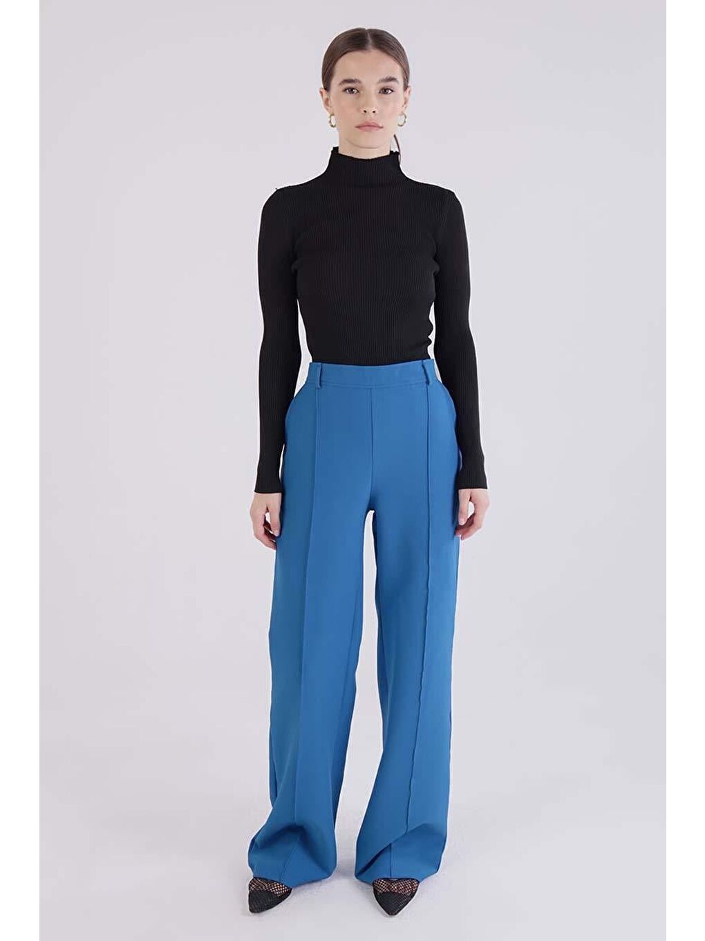 Mavi Saks-Nervürlü Palazzo Pantolon-1