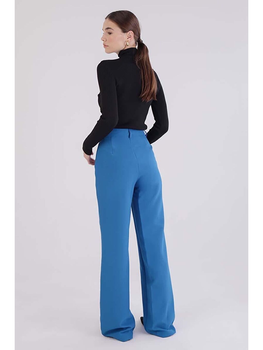 Mavi Saks-Nervürlü Palazzo Pantolon-3