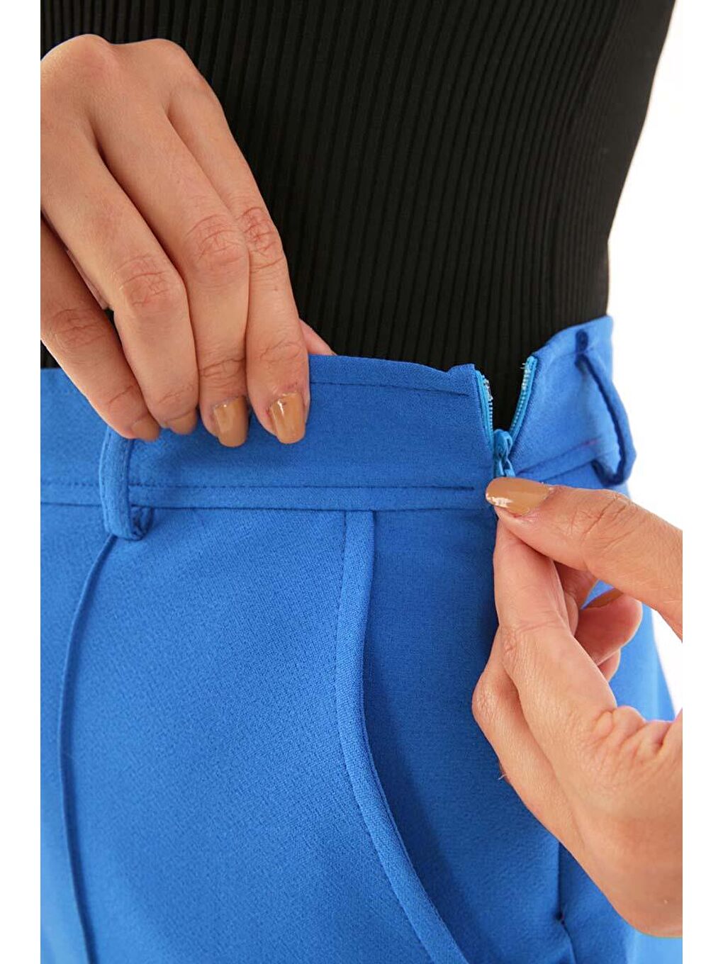 Mavi Saks-Nervürlü Palazzo Pantolon-4