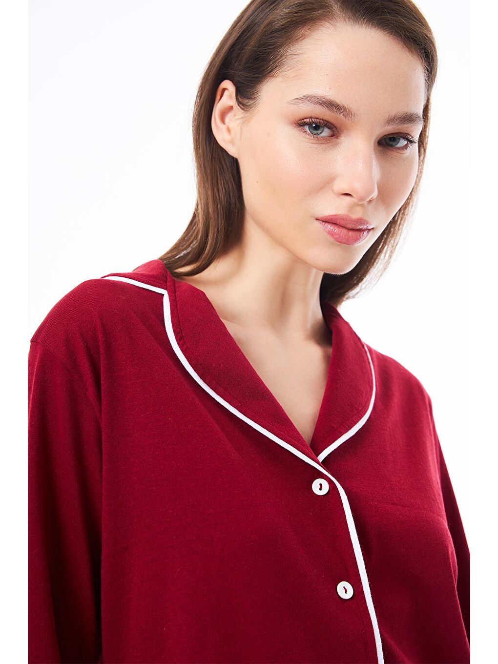 Bordo Önden Düğmeli Pamuklu Kadın Pijama Takımı-8