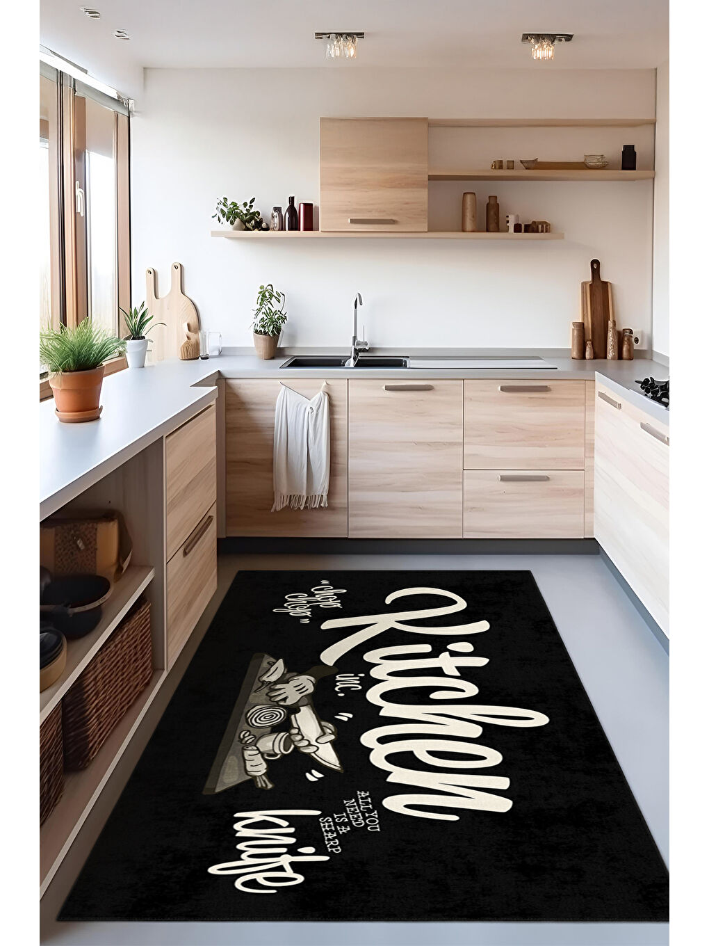 Siyah Dekoratif Özel Tasarım Yıkanabilir İnce Kaymaz Tabanlı Modern Halı KECE FR43-2