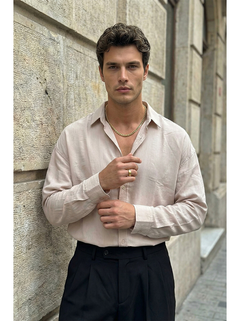 Ekru Hive Premium Oversize Erkek Gömlek Kendinden Çizgili-4