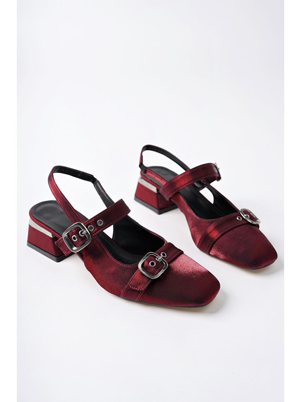 Bordo GİGİ Arkası Açık Küt Burun Çift Kemerli Kadın Günlük Klasik Kısa Topuklu Ayakkabı-2