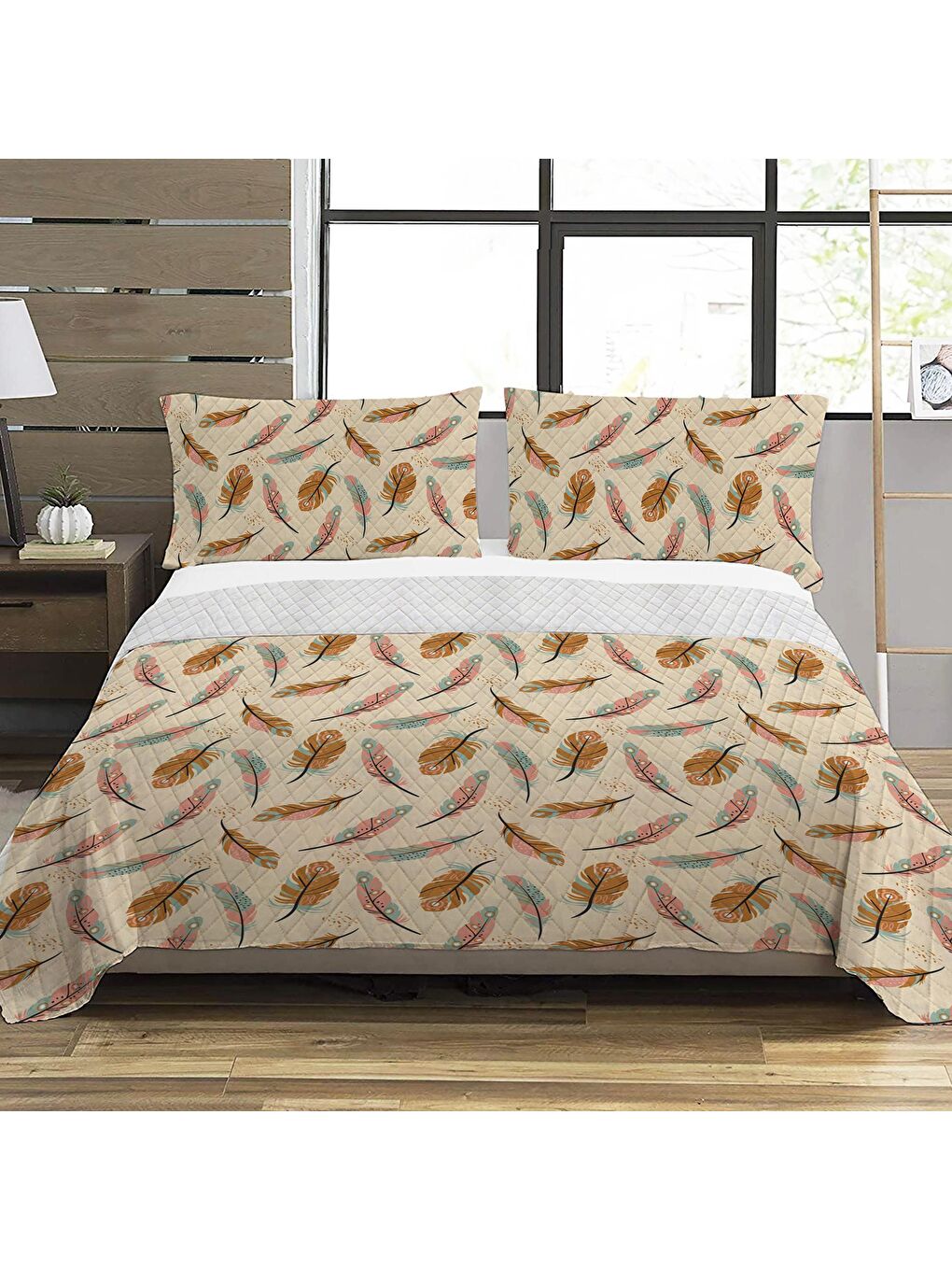 Karışık Yaprak Desen Çift Kişilik Baskılı Pike (200x220 Cm) Sarı