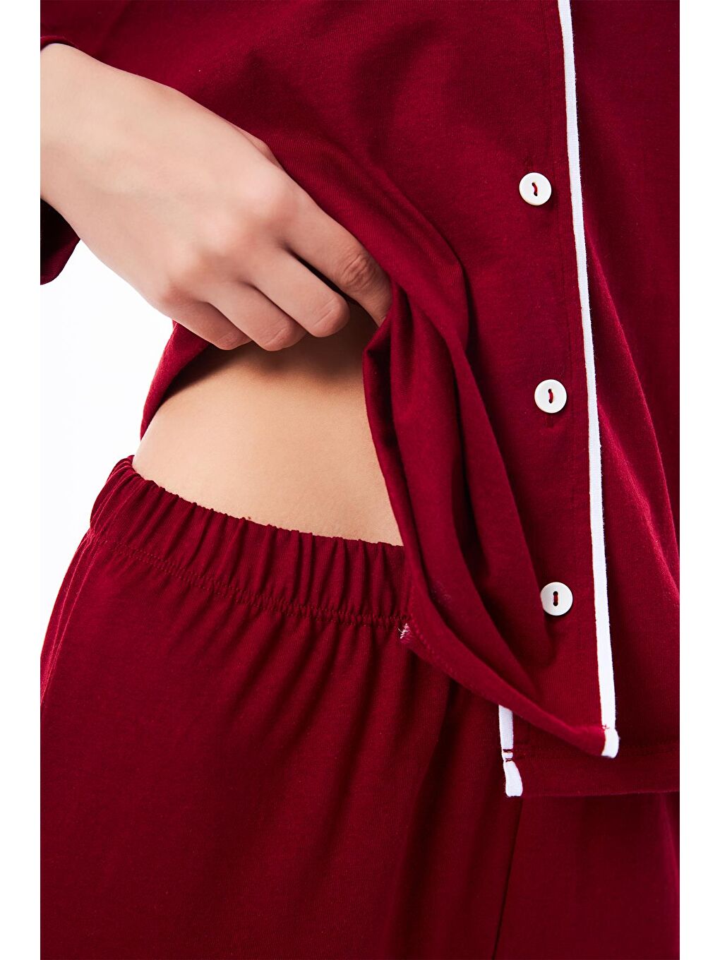 Bordo Önden Düğmeli Pamuklu Kadın Pijama Takımı-9